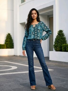 NWT Ruff Hewn Teal Floral Boho Peasant Blouse With Embriodered Detail Sz SM